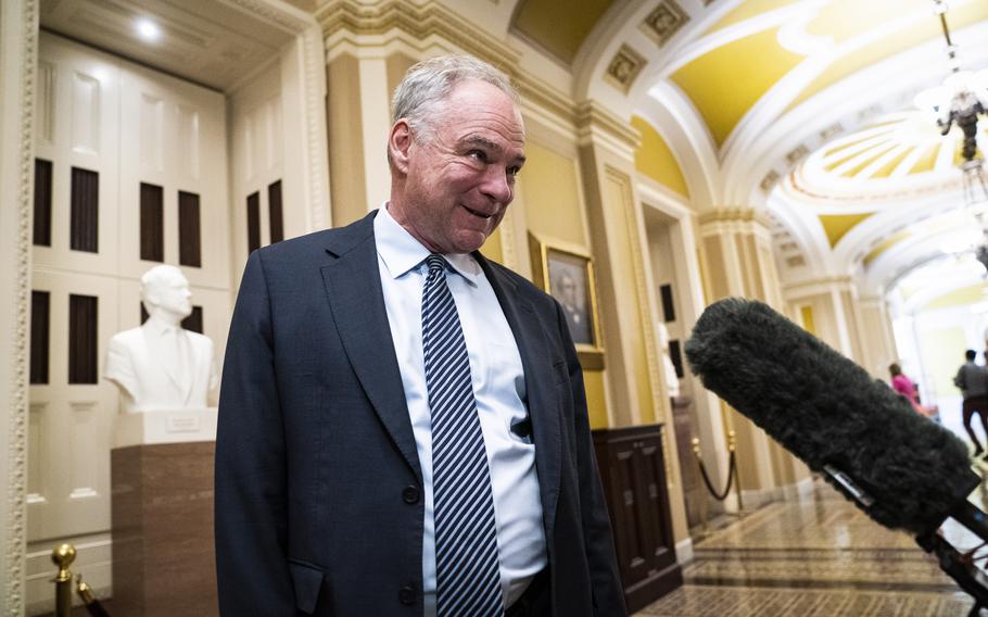 Sen. Tim Kaine, D-Va., speaks with reporters on Capitol Hill. 