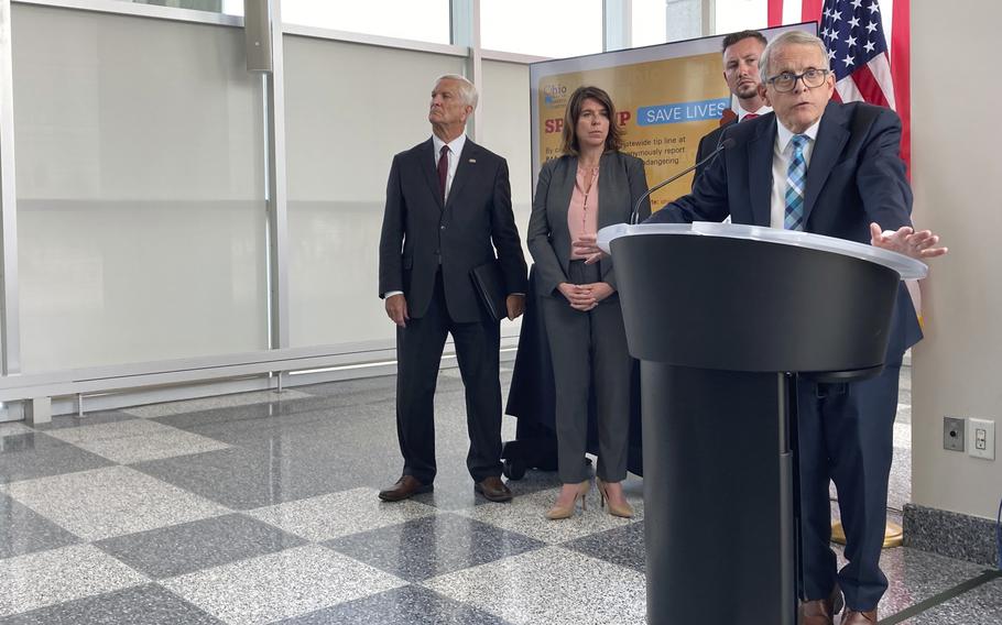 Ohio Gov. Mike DeWine discusses a law that gives school districts the option of arming trained school employees, on Monday, June 13, 2022, in Columbus, Ohio.