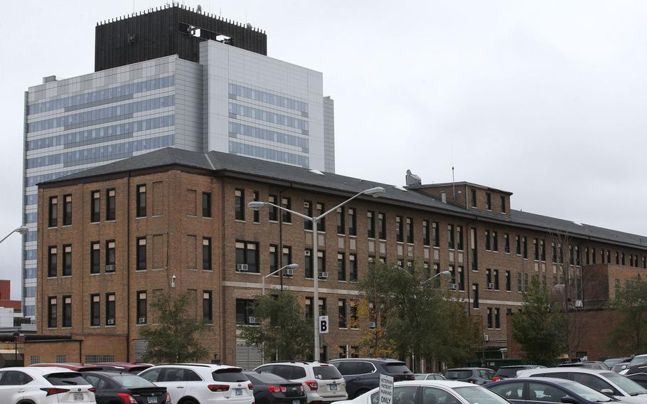 An original building at Hines VA Hospital in Maywood sits next to a newer hospital building, seen in the background, on Oct. 21, 2021.