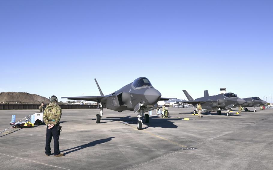 Aircraft maintenance specialists with the Wisconsin Air National Guard’s 115th Fighter Wing, assists an F-35 Lightning II pilot with preflight tasks during a Weapons System Evaluation Program exercise Feb. 14, 2024, at Tyndall Air Force Base, Fla. 
