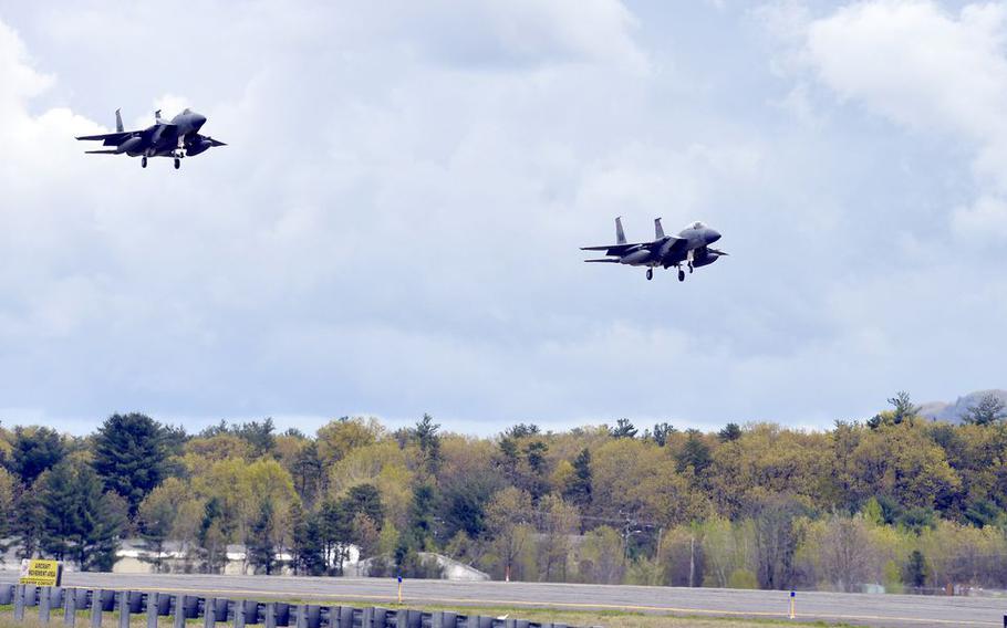 A pair of F-15 Eagles come in for a touch-and-go at Barnes Air National Guard Base in Westfield in May 2023.