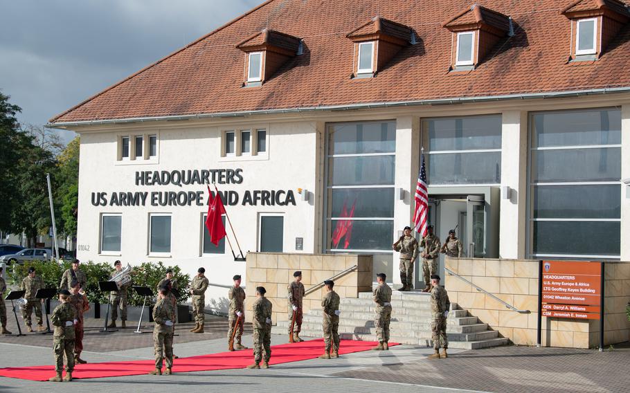 The 529th Military Police Company Honor Guard welcomes the secretary of the Army to U.S. Army Europe and Africa headquarters, Sept. 20, 2022, on Clay Kaserne in Wiesbaden, Germany. Army leaders plan to establish a new command at the base to coordinate training and weapons support for Ukrainian troops.