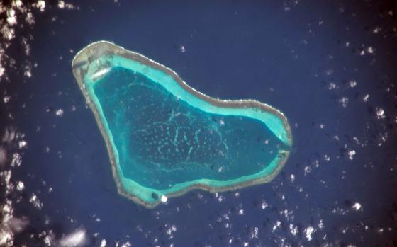 Scarborough Shoal in the South China Sea is seen from the International Space Station.