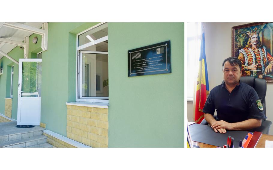 At left is a service center for Moldova’s border police in Chișinău that was reconstructed with U.S. funds. At right is Rosian Vasiloi, the head of Moldova’s border police and a former member of parliament.