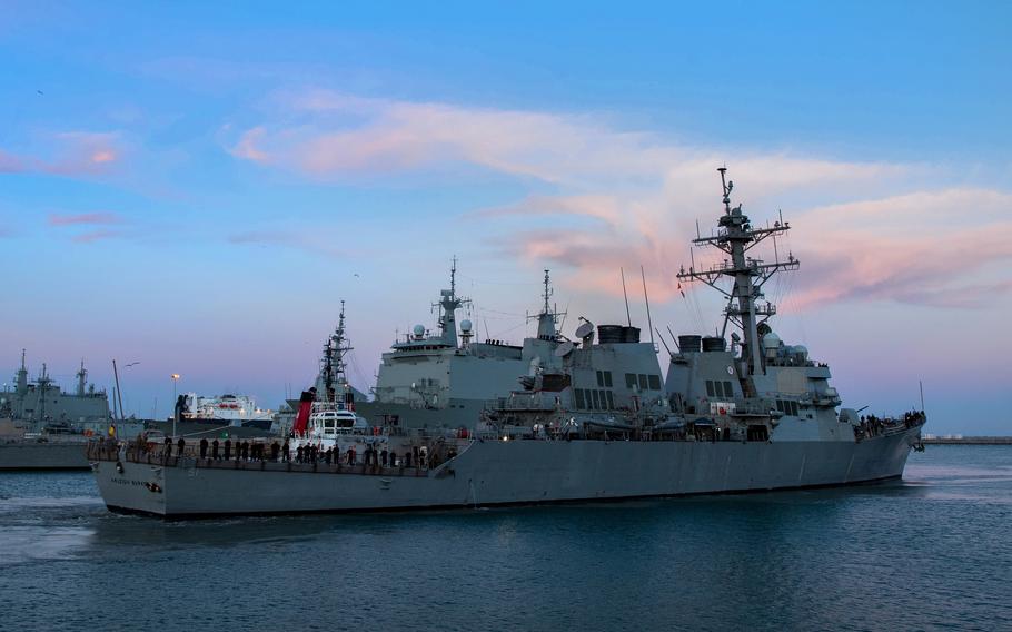 The destroyer USS Arleigh Burke pulls into port at Naval Station Rota, Spain, after completing sea trials, April 27, 2022
