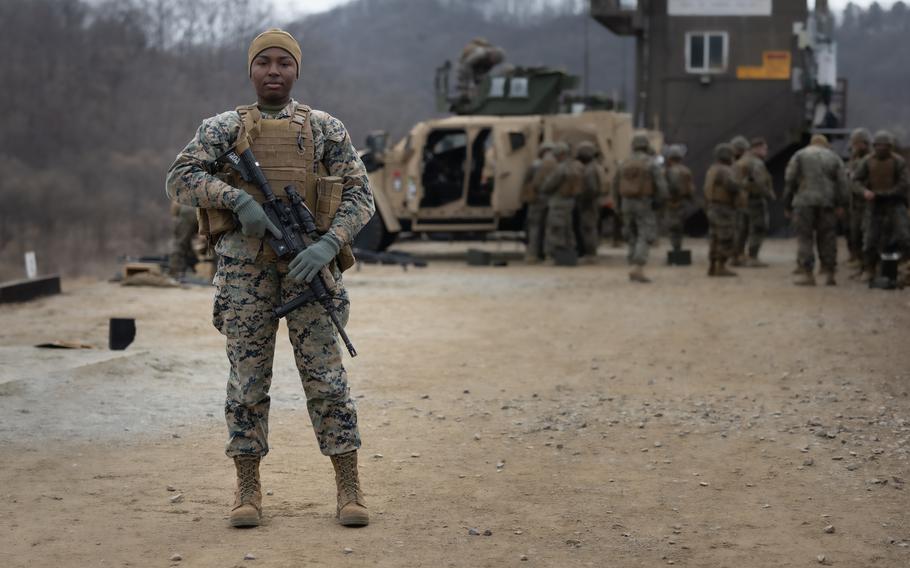 Marine Corps Lance Cpl. Tyshaa Kelman, a Brooklyn, N.Y., native and a supply administrator with III Marine Expeditionary Force Support Battalion, III Marine Expeditionary Force Information Group at U.S. Army Garrison Casey, South Korea, on Feb. 13, 2023. 