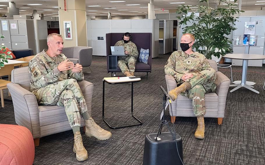 Col. Kevin Mantovani, vice commander of Air Force Installation and Mission Support Center, and Lt. Col. Craig Svanberg, special projects officer for AFIMSC directorate of staff, discuss the organization’s change to a majority telework environment during a livestreamed town hall with personnel in September. Based on the successes of telework during the coronavirus pandemic, AFIMSC has changed the layout of its office building at Joint Base San Antonio, Texas, so that employees can reserve desk space on days they need to be in the office. Otherwise, they can work from home.