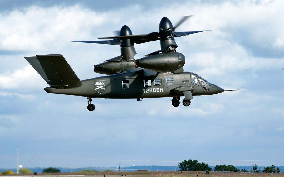The V-280 Valor tiltrotor aircraft, a next generation aircraft Bell wants to build for the U.S. Army, gave a demonstration of its skills at the Bell Flight Research Center in Arlington in 2018. The V-280 won Bell a lucrative Army contract, although the process is now under review.