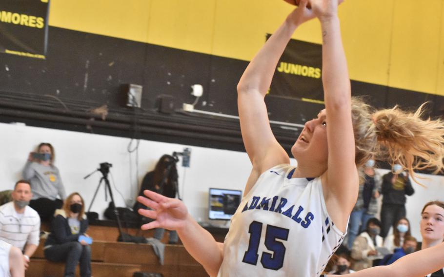 Rota's Ella Scrivener goes up for a shot Thursday, March 3, 2022, at the DODEA-Europe Division II basketball championships.