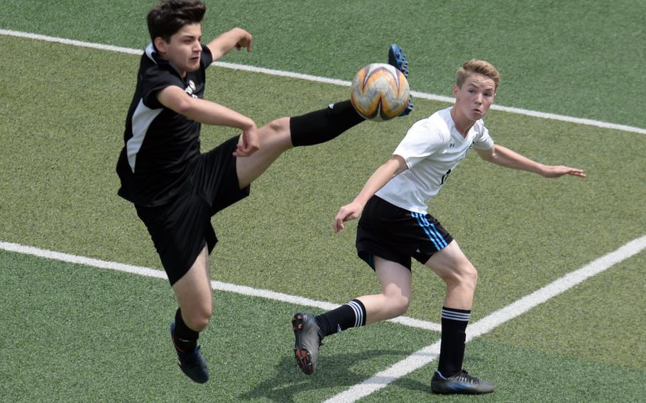 Humphreys midfielder Robert Tullos goes airborne to kick the ball in front os Osan's Landen Kubalek.