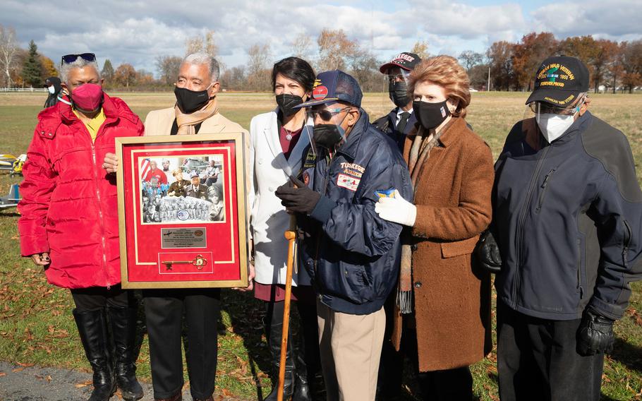  The city of Detroit gave Tuskegee Airman Lt. Col. Alexander Jefferson (center) a big present on his 100th birthday Monday, Nov. 15, 2021: a key to the city and a field rededicated in his honor.