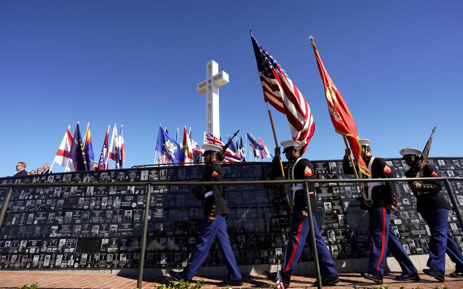 San Diego Salute Formation Team Mt. Soledad National Veterans Memorial At an event honoring the nurse corps of the Army, Navy and Air Force at Mt. Soledad National Veterans Memorial on Saturday, Nov. 13, 2021 in San Diego, CA., the Marine color guard from MCRD San Diego marches to center for the national anthem. 