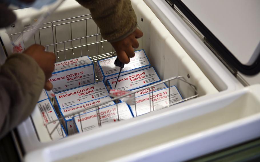 COVID-19 vaccines are unpacked at Osan Air Base, South Korea, Dec. 28, 2020.