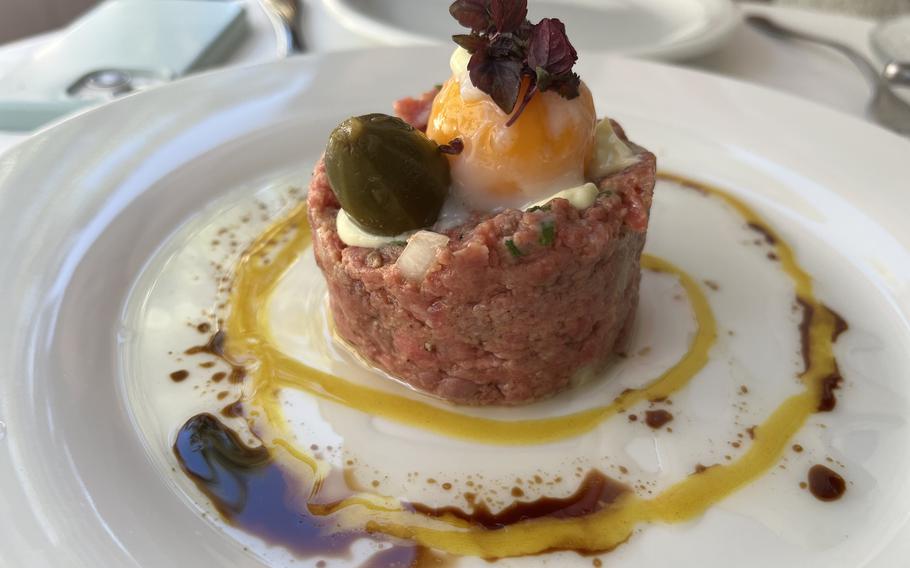 The beef tartare at Vicino in Kaiserslautern, Germany. The offerings at the downtown Italian restaurant are sometimes adventurous and sometimes familiar, but always artfully dressed. 