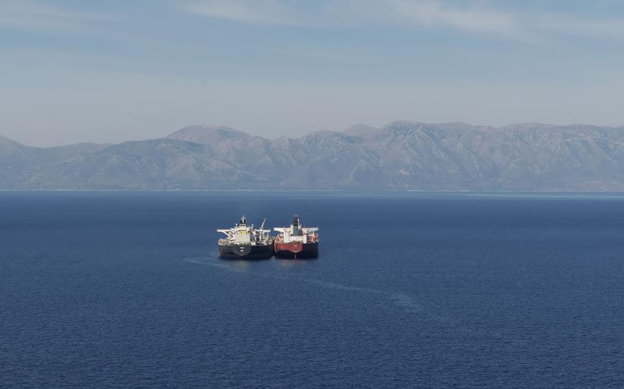 The two tankers Turba, right, and Simba side by side during secretive maneuvers off the coast in the Laconian Gulf, on Sept. 19, 2023. 