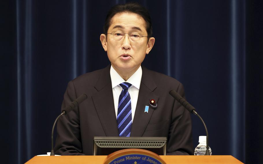 Japanese Prime Minister Fumio Kishida speaks before media members at his official residence in Tokyo, Saturday, Dec. 10, 2022, after an extraordinary Diet session.