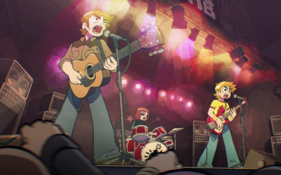 Lead vocalist and guitarist Stephen Stills, left, drummer Kim Pine and bassist Scott Pilgrim are back as Sex Bob-Omb in the new Netflix anime series, “Scott Pilgrim Takes Off.” 