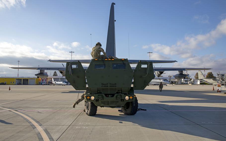Soldiers assigned to1st Battalion, 77th Field Artillery Regiment unload High-Mobility Artillery Rocket Systems from 352nd Special Operations Wing's U.S. Air Force MC-130J Commando II as part of exercise Rapid Falcon in Romania, Nov. 19, 2020.

U.S. Special Operations Command Europe