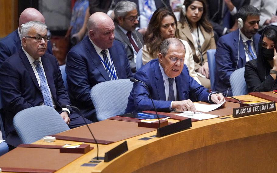Russia’s Foreign Minister Sergey Lavrov speaks during a high level Security Council meeting on the situation in Ukraine, Thursday, Sept. 22, 2022, at United Nations headquarters.