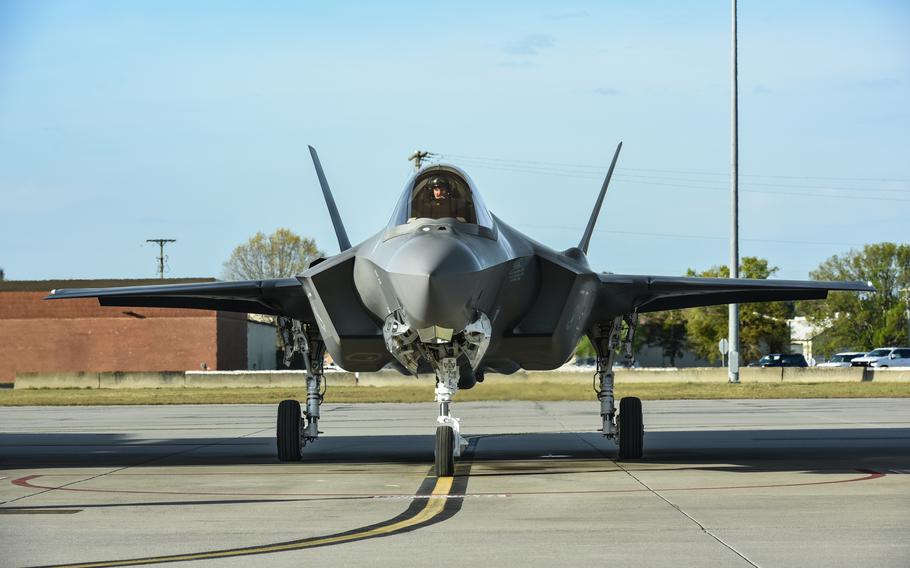 An Air Force F-35 Lightning II fighter jet on March 17, 2023, at McEntire Joint National Guard Base, S.C.