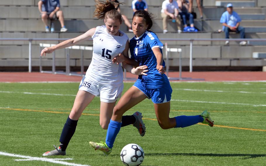 Ramstein’s Isabel Fischer, right tries to get past Lakenheath’s Mary Lowe in a Division I girls semifinal at the DODEA-Europe soccer championships in Kaiserslautern, Germany, Wednesday, May 18, 2022. Fischer scored the game’s only goal as the Royals advanced to Thursday’s final against Stuttgart.
