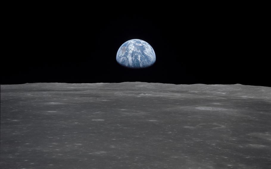 A view of Earth from the moon in a photo taken during the Apollo 11 mission.