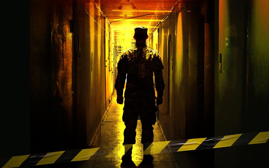 The back of a service member as the person looks down a hallway with police tape across the bottom of the graphic.
