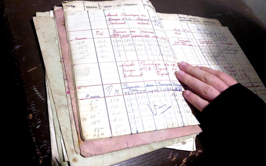 A logbook in the barracks at the Simserhof fortification in France annotates water pressure and electrical output in the underground complex. The Maginot Line fortification produced its own power and ran air filters 24 hours a day. 