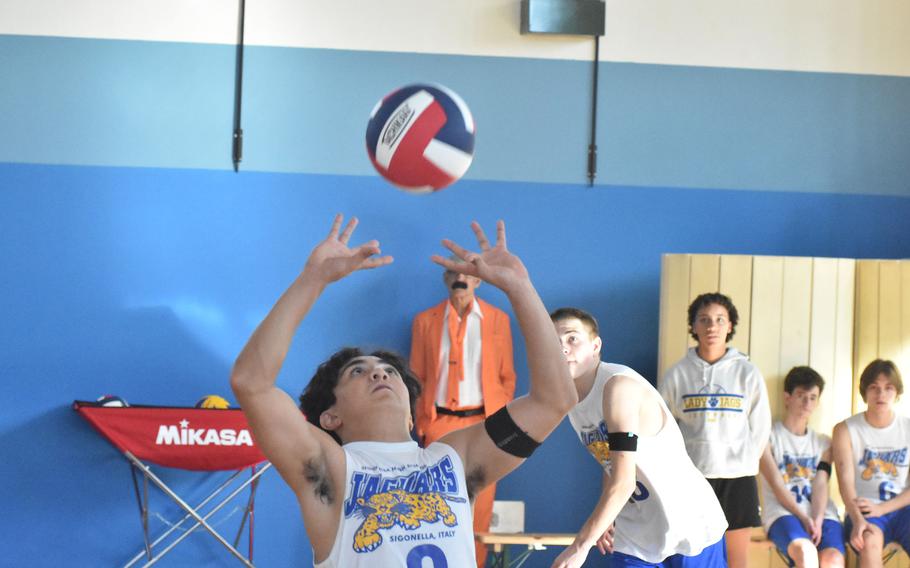 Sigonella's Alessandro Montero sets the ball up for a teammate in the Jaguars' victory over Bahrain on Thursday, Oct. 22, 2022.

Kent Harris/Stars and Stripes