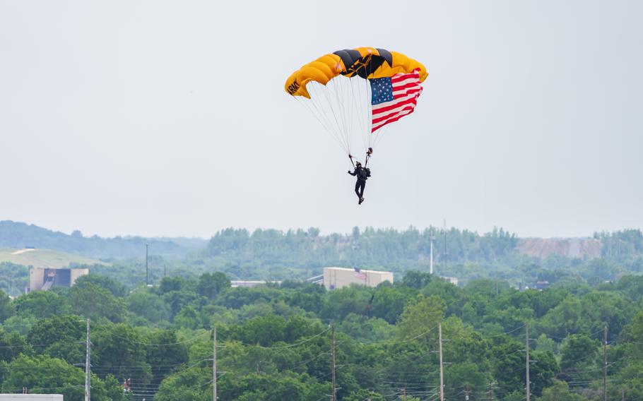 Staff Sgt. Jason Bauder of the U.S. Army Parachute Team makes a parachute jump with the American flag at the Indianapolis Motor Speedway for the Indianapolis 500 events in Speedway, Indiana on 27 May, 2023. The Golden Knights will be part of a birthday celebration for the Army hosted Saturday, June 10, 2023, by the National Museum of the United States Army at Fort Belvoir, Va. The Army’s 248th birthday officially will be recognized on Wednesday, June 14, 2023.