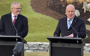 New Zealand Prime Minister Christopher Luxon, right, and Australian Prime Minister Anthony Albanese hold a joint press conference in Queenstown, New Zealand, Saturday, Aug.9, 2025. (Stuff via AP)