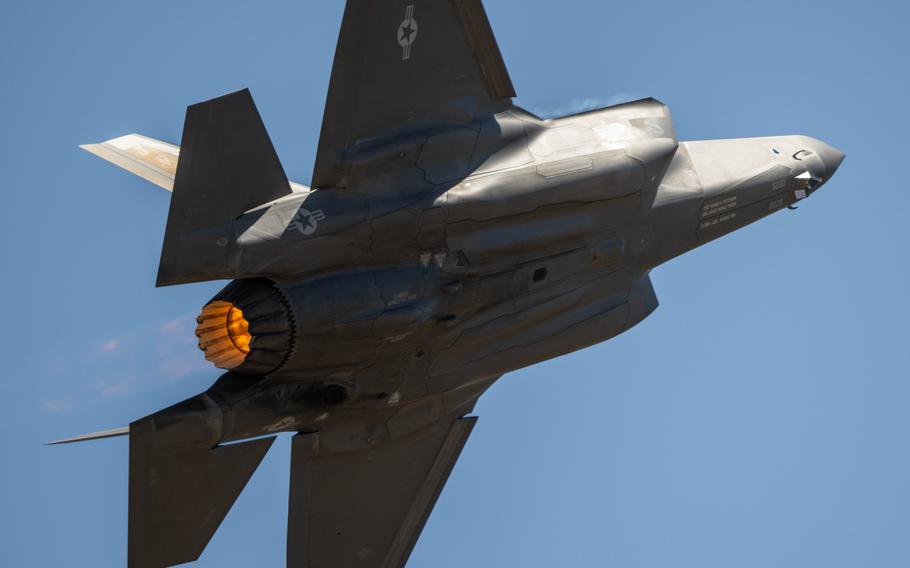 An F-35A Lightning II during a practice performance at Hill Air Force Base, Utah, July 12, 2023. 