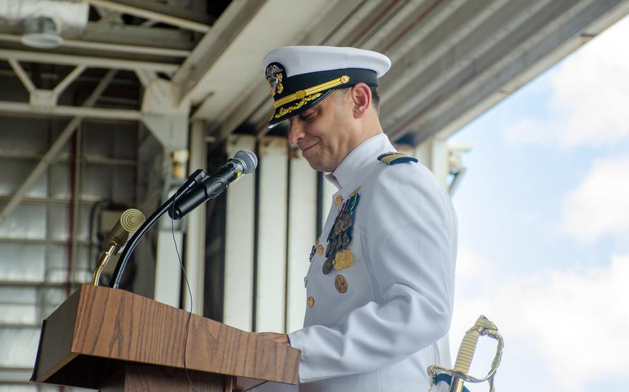 Capt. Nicolas Leclerc gives his first speech as commander of Naval Air Facility Atsugi, Japan, Aug. 24, 2023.