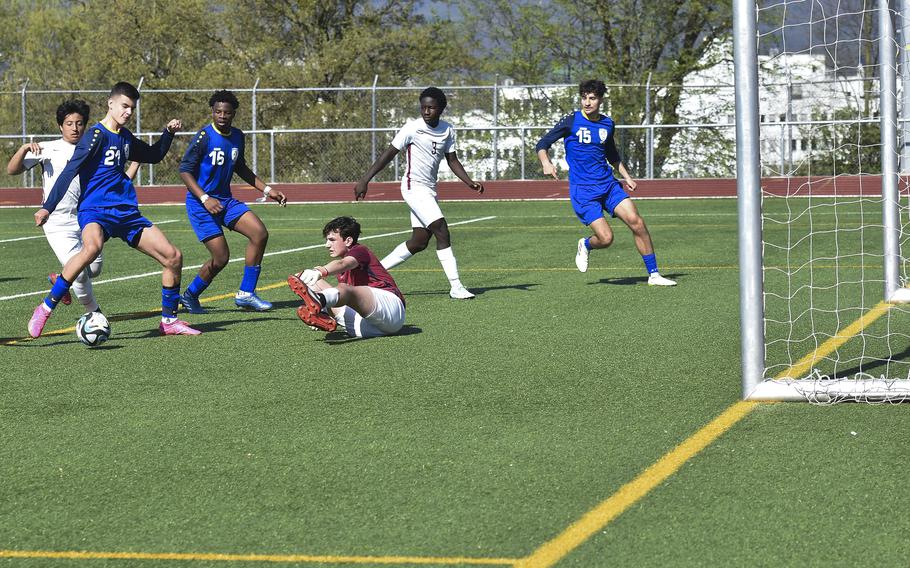 Wiesbaden's Robert Dugandzic shoots on goal against Lakenheath in Wiesbaden, Germany on April 6, 2024. Dugandzic scored the goal in the second half.