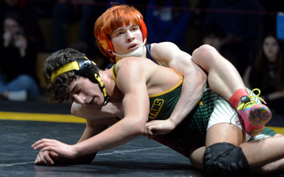 Lakenheath’s Gavin Idleman won the 165-pound title at the DODEA-Europe wrestling championships, in Wiesbaden, Germany, Feb. 11, 2023, by defeating SHAPE’s Luigi Patalano.