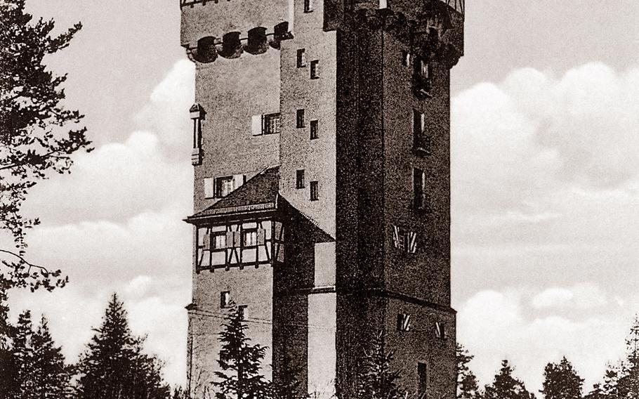 A black and white picture of the Grafenwoehr Water Tower 