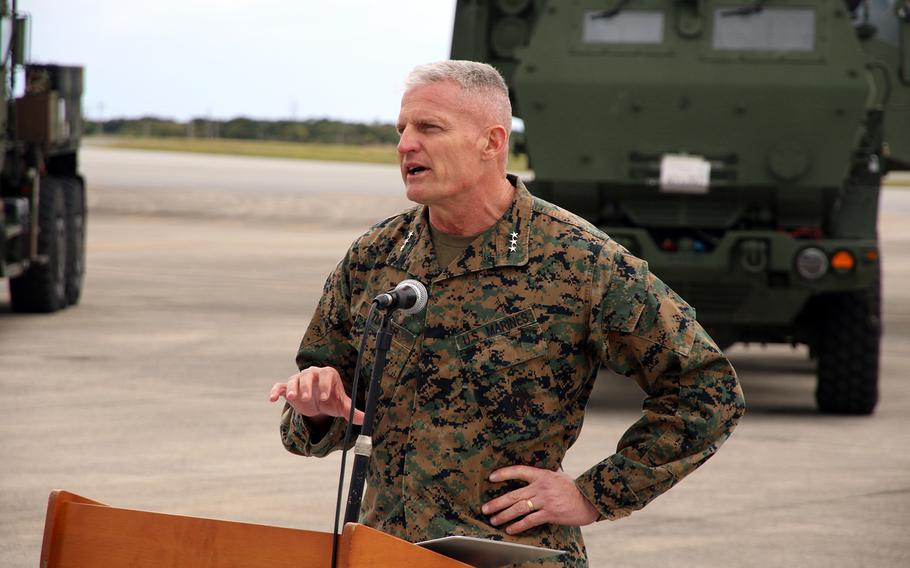  Lt. Gen. Roger Turner speaks to reporters after taking command of the III Marine Expeditionary Force at Marine Corps Air Station Futenma, Okinawa, Friday, Jan. 26, 2024.