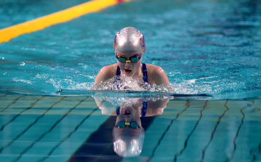Kaiserslautern Kingfish Emma Heaphy comes up for air in the 9-year-old girls 50-meter breaststroke during the European Forces Swim League Short-Distance Championships on Feb. 10, 2024,  at the Pieter van den Hoogenband Zwemstadion at the Nationaal Zwemcentrum de Tongelreep in Eindhoven, Netherlands.