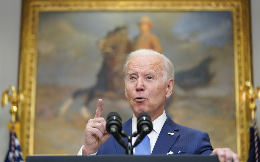 President Joe Biden speaks Thursday, April 28, 2022, about the war in Ukraine in the Roosevelt Room at the White House in Washington. 
