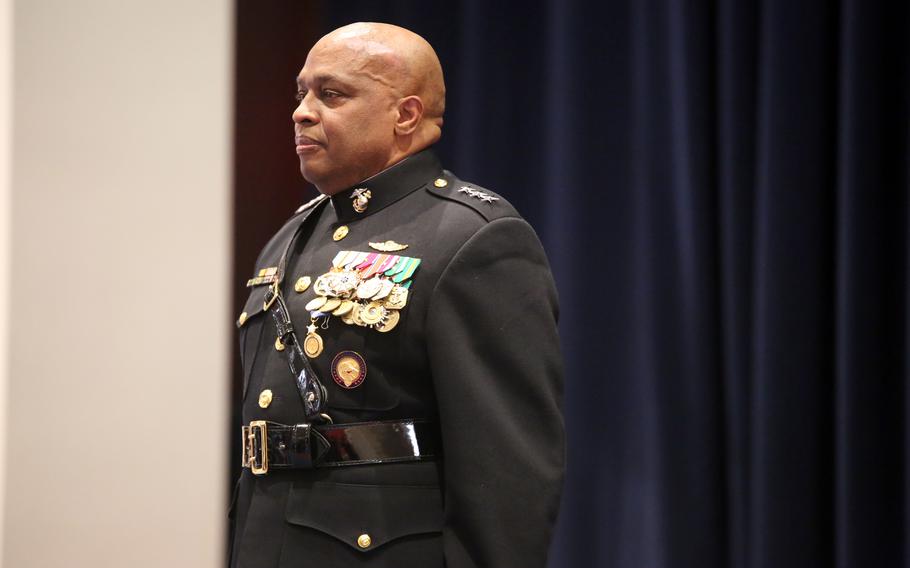 Lt. Gen. Vincent Stewart stands at attention during his retirement ceremony at Marine Barracks Washington, D.C., April 5, 2019. 