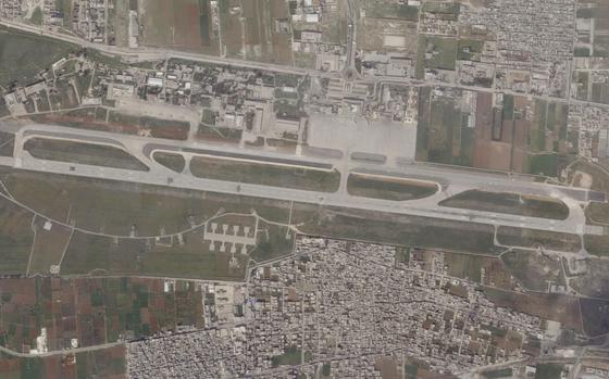 This satellite image from Planet Labs PBC shows damage on the runway of Aleppo International Airport after a suspected Israeli strike there in Aleppo, Syria, Tuesday, March 7, 2023. A suspected Israeli airstrike targeting Aleppo International Airport again tore multiple craters on its runway, satellite images analyzed by The Associated Press showed Thursday, March 9, 2023. A United Nations official separately has criticized the attack for hindering earthquake relief for the hard-hit, war-torn nation.