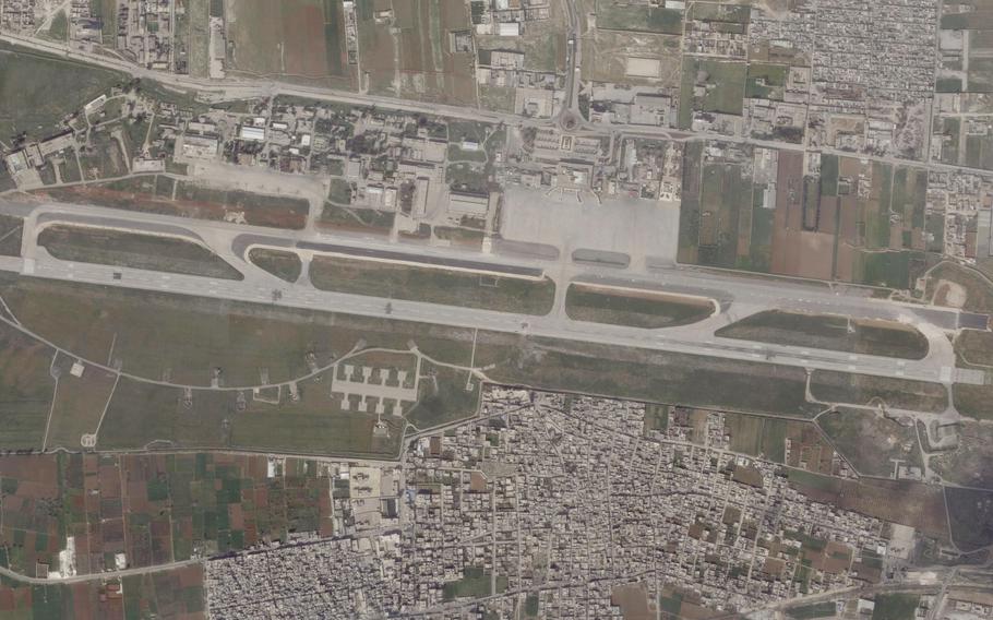 This satellite image from Planet Labs PBC shows damage on the runway of Aleppo International Airport after a suspected Israeli strike there in Aleppo, Syria, Tuesday, March 7, 2023. 