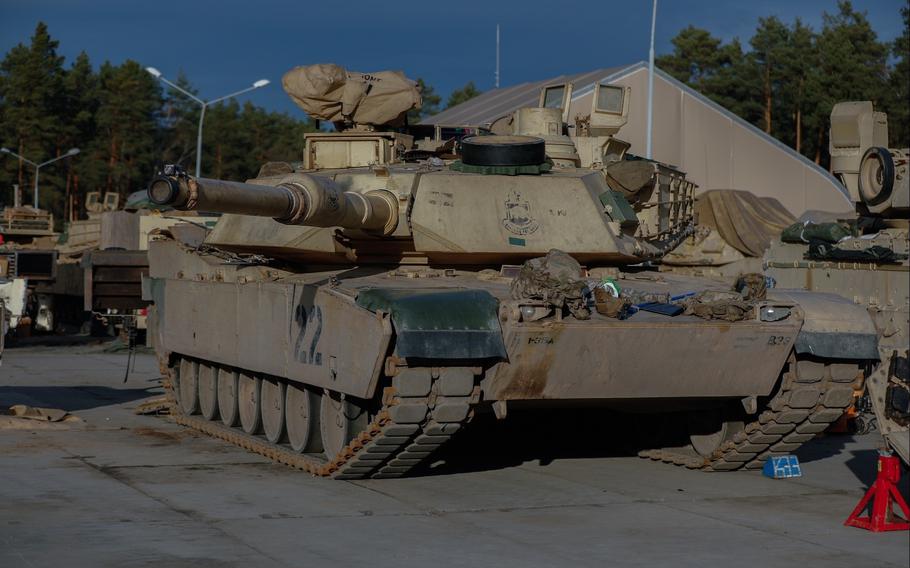An M1A2 Abrams tank of the U.S. Army's 1st Armored Division is seen at Nowa Deba, Poland, in December 2023. Polish soldiers recently received proficiency training on the Abrams tank and are preparing for a live fire with U.S. counterparts. 