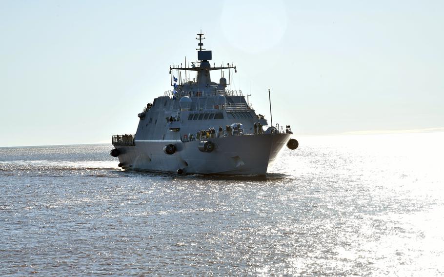 The future USS Minneapolis-Saint Paul (PCU LCS-21) arrives in Duluth, Minn., on May 16, 2022. PCU LCS-21 is a United States Navy Freedom-class littoral combat ship that will be commissioned in the Port of Duluth on Saturday, May 21, 2022.