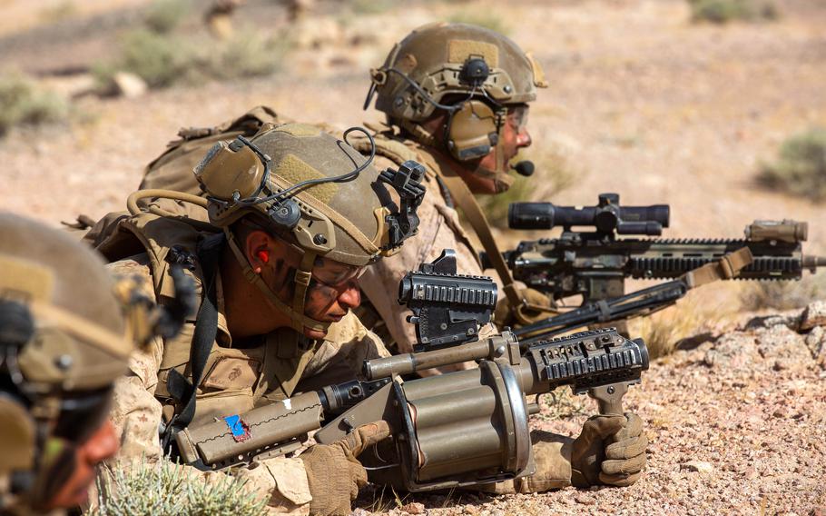 A Marine with 2nd Battalion, 5th Marines, 1st Marine Division prepares a grenade launcher during exercise Intrepid Maven on July 13, 2023 in Jordan.