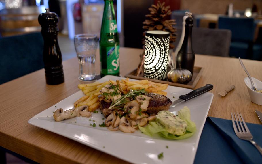 The rump steak at Restaurant MAX in Winnweiler, Germany, comes in four options: "Pfaelzer" style with roasted onions, with homemade herb butter, with mushrooms and herb butter, and with the herb butter and grilled vegetables. The beef is from Argentina.