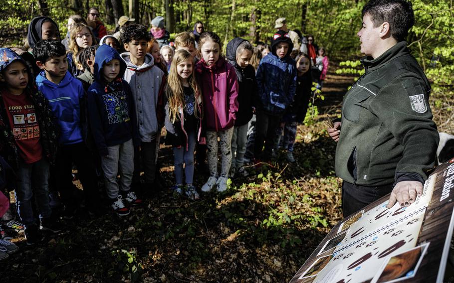 Katarina Specht, a forester with Germany's Federal Forest Service introduces Ramstein Elementary School students to animal tracks at a quiz station on the base's new nature path, April 23, 2024. Interactive quizzes engage students in identifying local wildlife by their paw and hoof prints.
