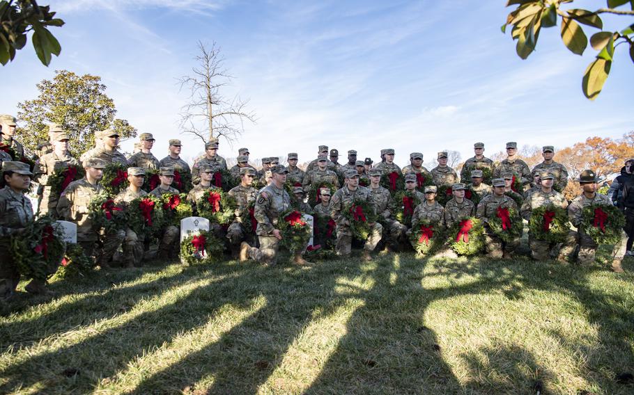 Soldiers assigned to 832nd Ordinance Battalion attend the 32nd Wreaths Across America Day at Arlington National Cemetery, Arlington, Va., Dec. 16, 2023. The soldiers came to ANC to remember U.S. Army Sgt. James Slape from 832nd Ordinance Battalion and others interred in Section 60. 