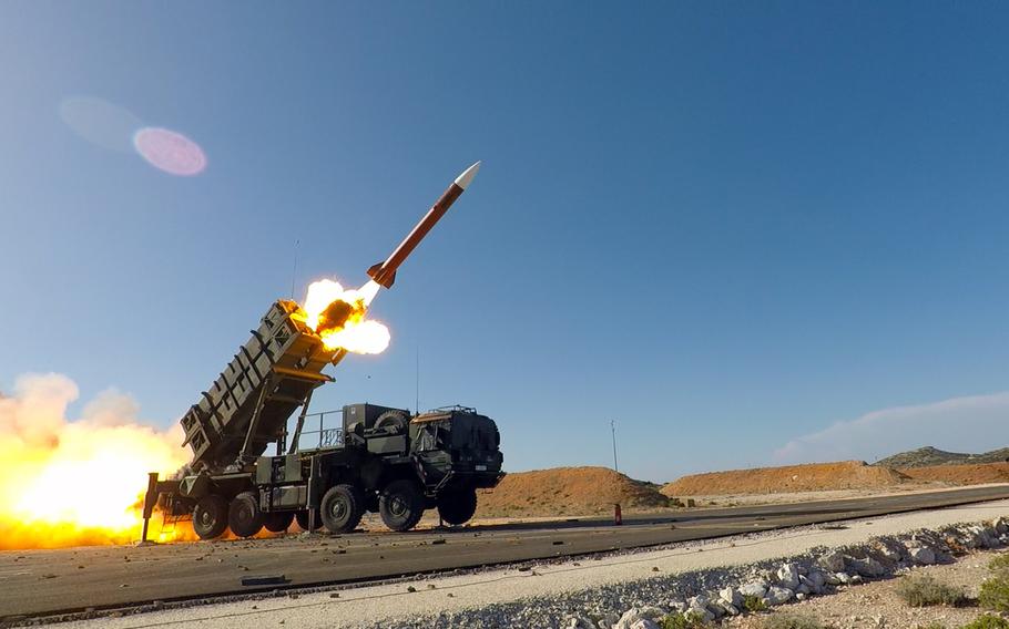 A missile launches during Exercise Artemis Strike, a German-led tactical live fire exercise with live Patriot and Stinger missiles at the NATO Missile Firing Installation in Chania, Greece, on Nov. 8, 2017. 