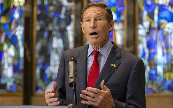 Senate Veterans’ Affairs Committee ranking member Sen. Richard Blumenthal, D-Conn., holds a press conference Thursday, June 12, 2025, in Washington with veterans service organizations to call for congressional action on the Servicemembers and Veterans Empowerment and Support Act, a bipartisan bill aimed at improving access to health care and benefits for military sexual trauma survivors and strengthening claims processing. (Eric Kayne/Stars and Stripes)